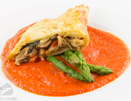 Chicken and Vegetable Stuffed Puff Pastry with Roasted Red Pepper Coulis